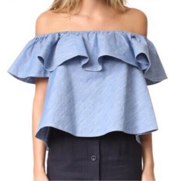 Rebecca Minkoff Blue Off-Shoulder Chambray Top Size L NWT Cottagecore Beach - Picture 2 of 12